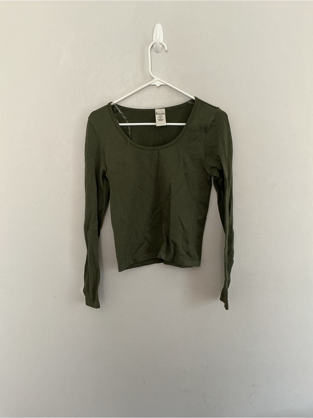 Stretch Ribbed Long-Sleeve Scoop Neck Top - Olive Green